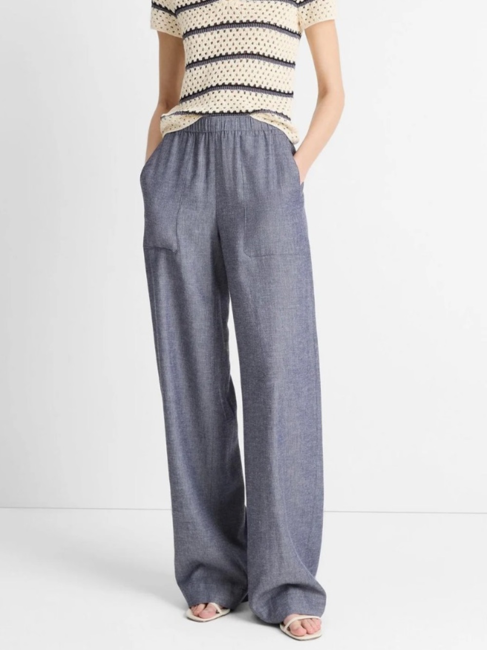 NWT Vince Mid Rise Casual Pull On Linen Blend Pant in Mid Indigo